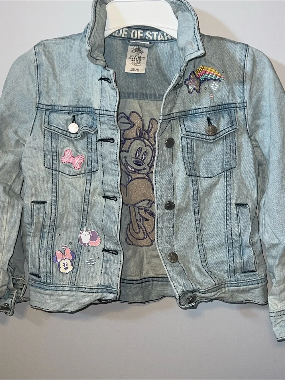 Disney Light Wash Denim Kids' Jacket with Embroidered Minnie Accents and Pins